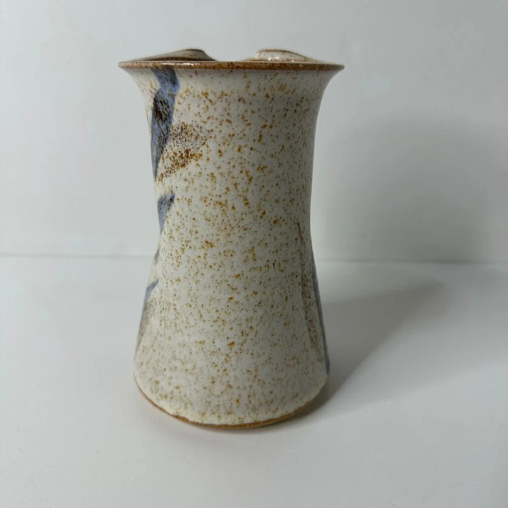 Studio Pottery Vase Signed Wings Pitcher Speckled Glaze Blue Floral Stoneware 6